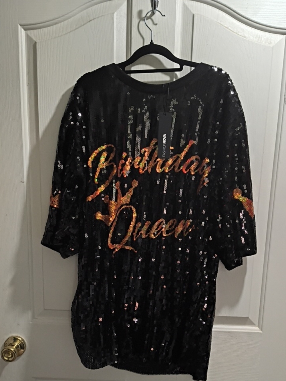Fashion Nova Black Sequin "Birthday Queen" Top with Gold/Orange Glitter